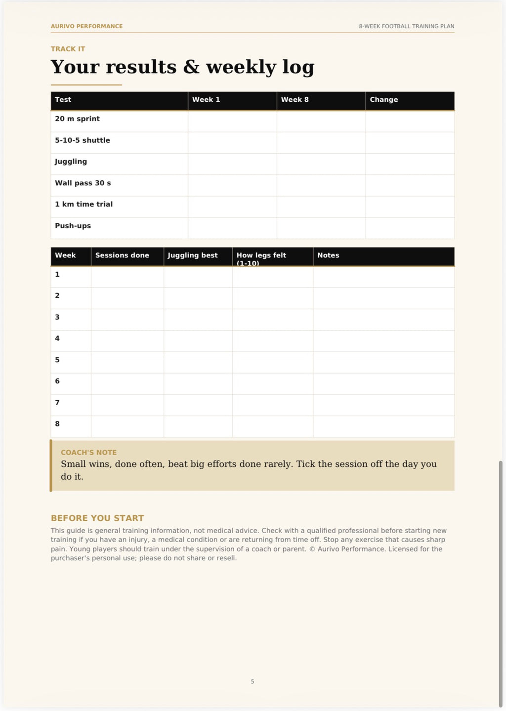 8-Week Football Training Plan – digital football training programme – inside page preview 2