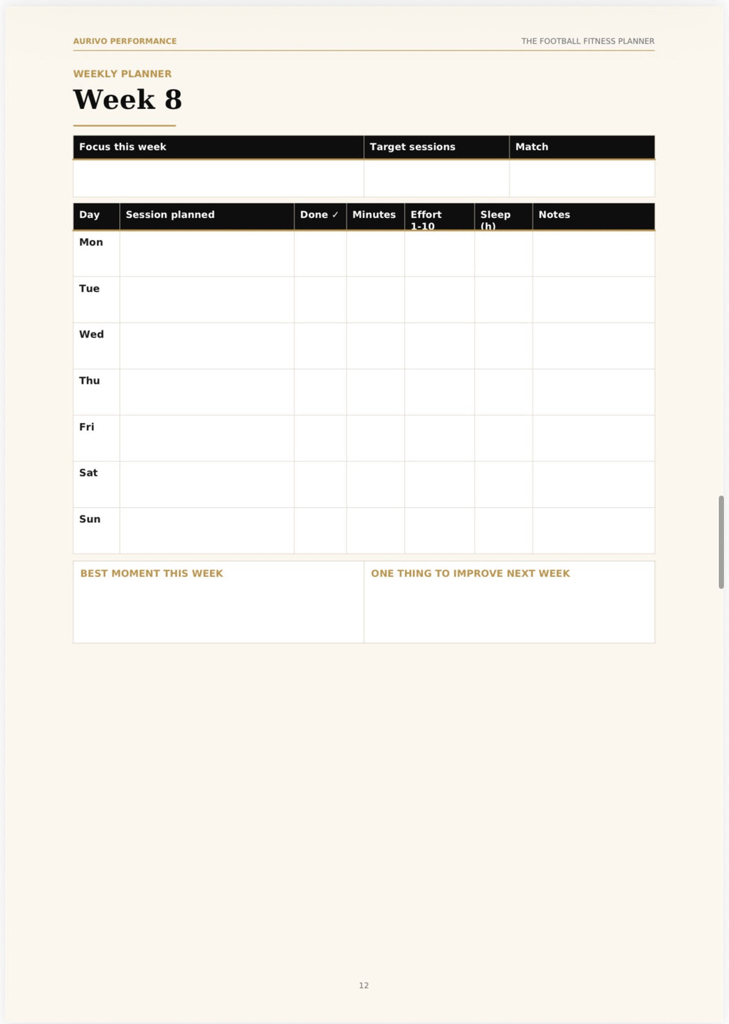 Football Fitness Planner – 12-week printable training planner – inside page preview 3