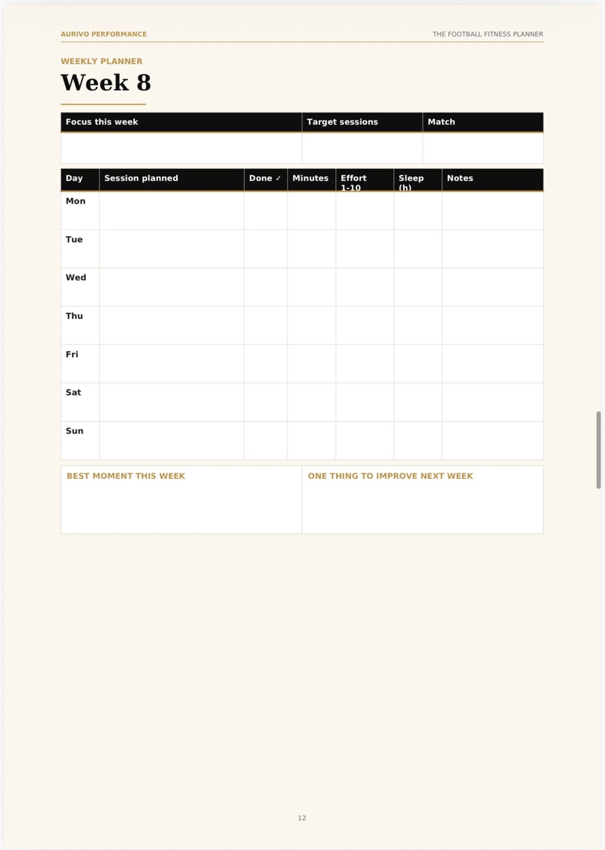 Football Fitness Planner – 12-week printable training planner – inside page preview 3